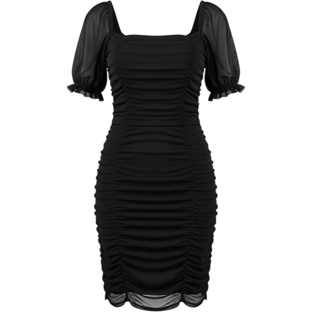 Privy Bodycon Dress Women Size M Black Ruched Mesh Puff Sleeve Mini Dress
